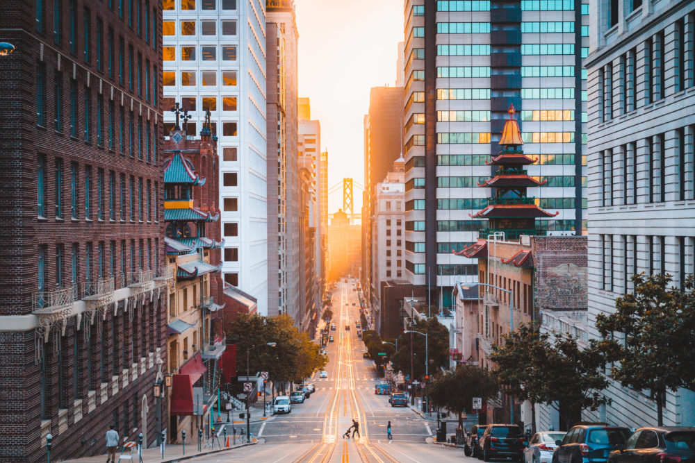 Downtown San Francisco with California Street at sunrise, San Francisco, California, USA