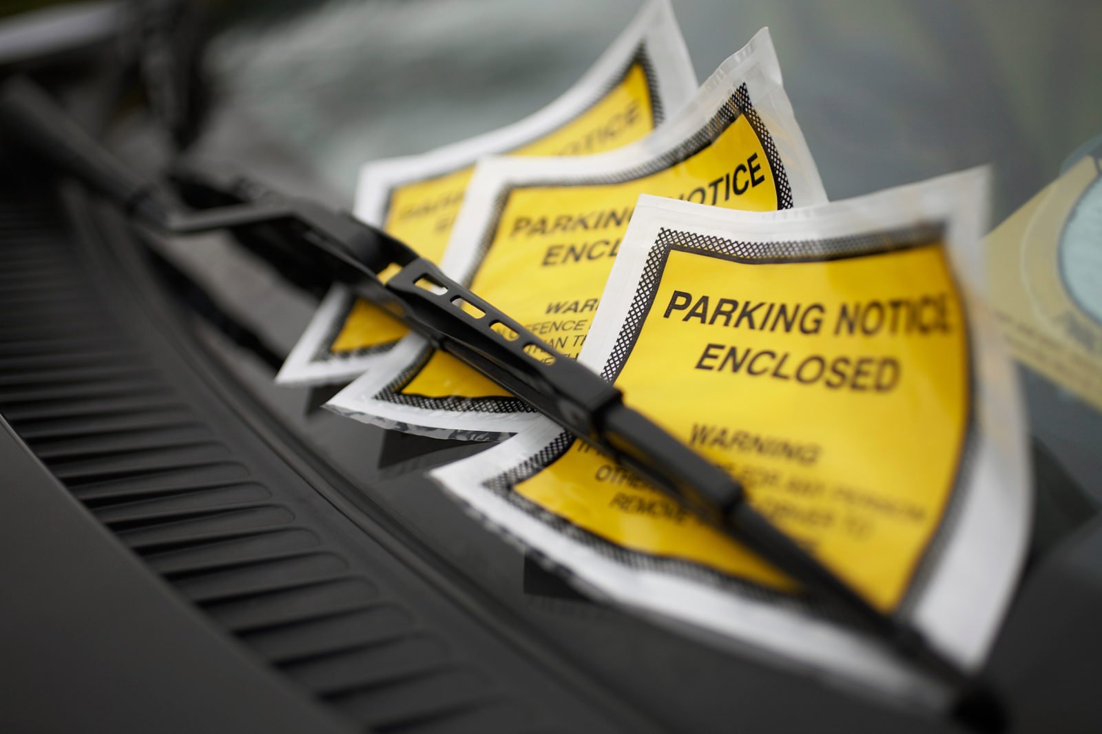 Closeup of parking tickets under windshield wiper of a car