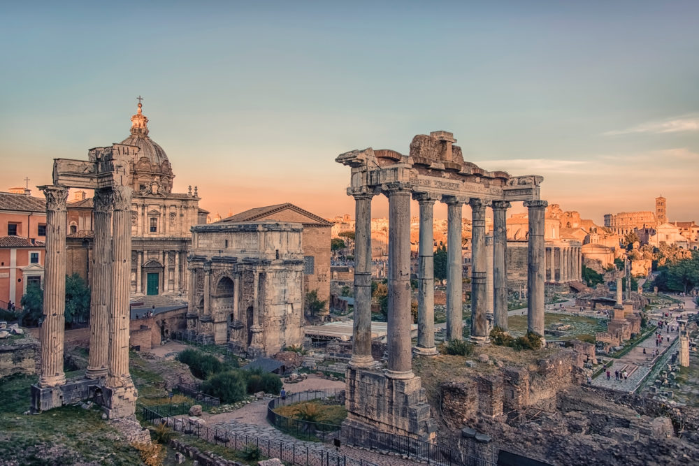 The Roman Forum in Rome at sunset