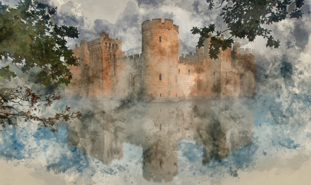 Watercolor painting of medieval castle at sunrise landscape