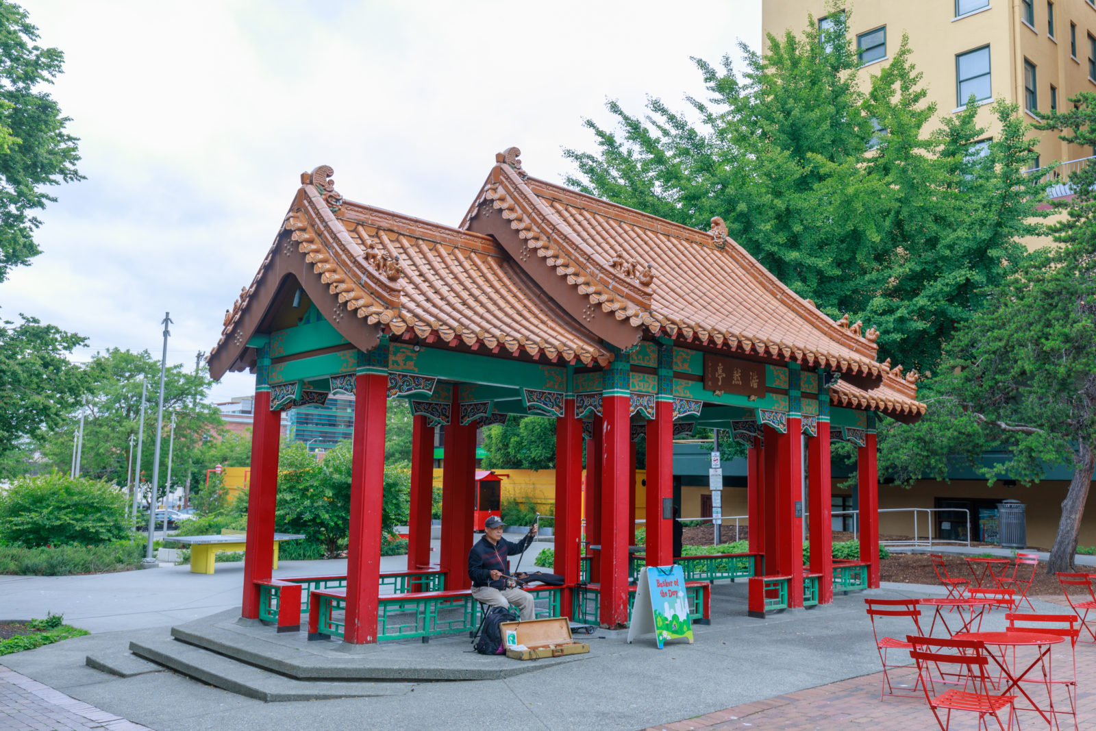 View of Hing Hay Park with pavilion built in Seattle Chinatown