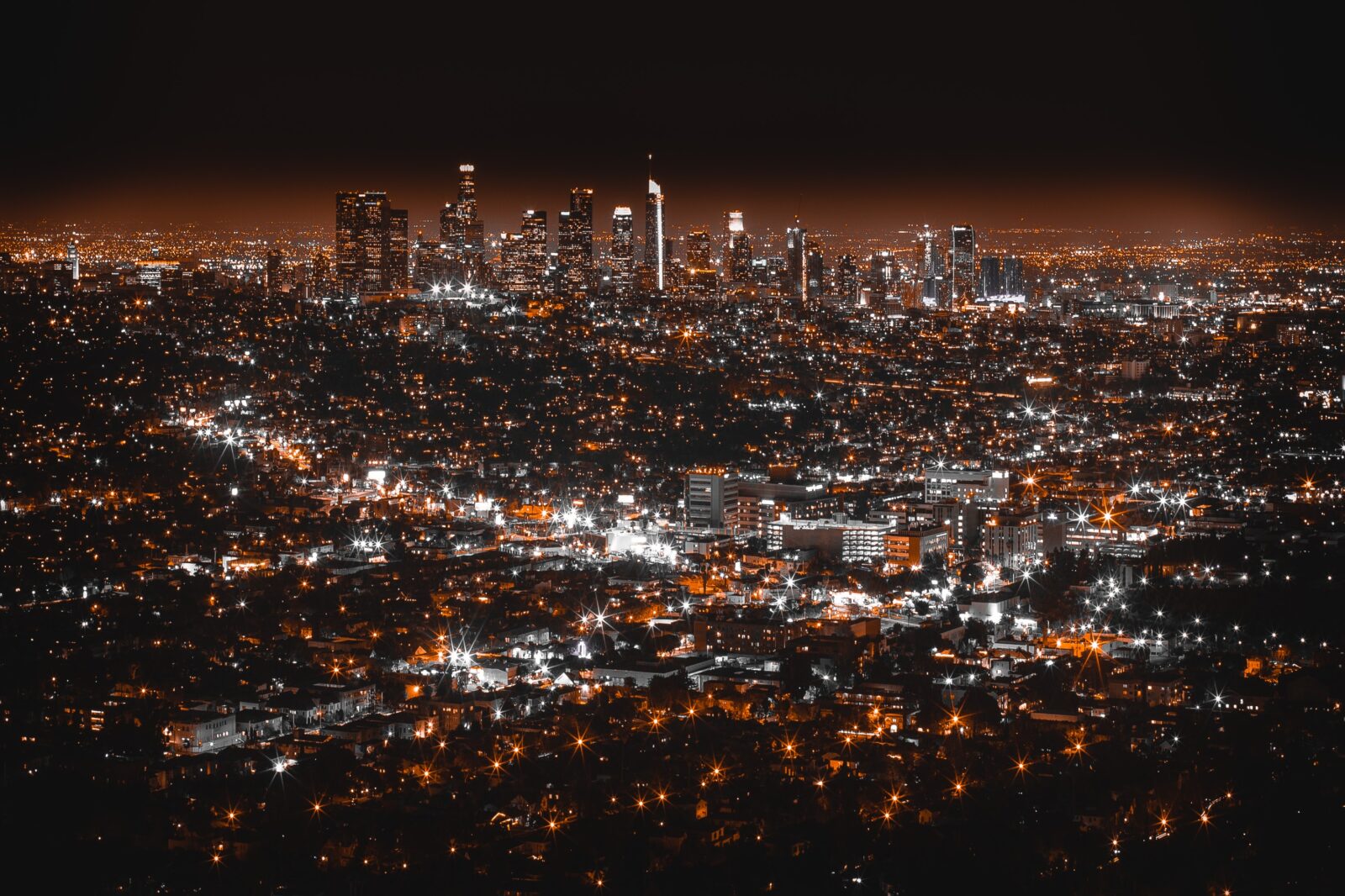 overhead view of city of Los Angeles lit up at night