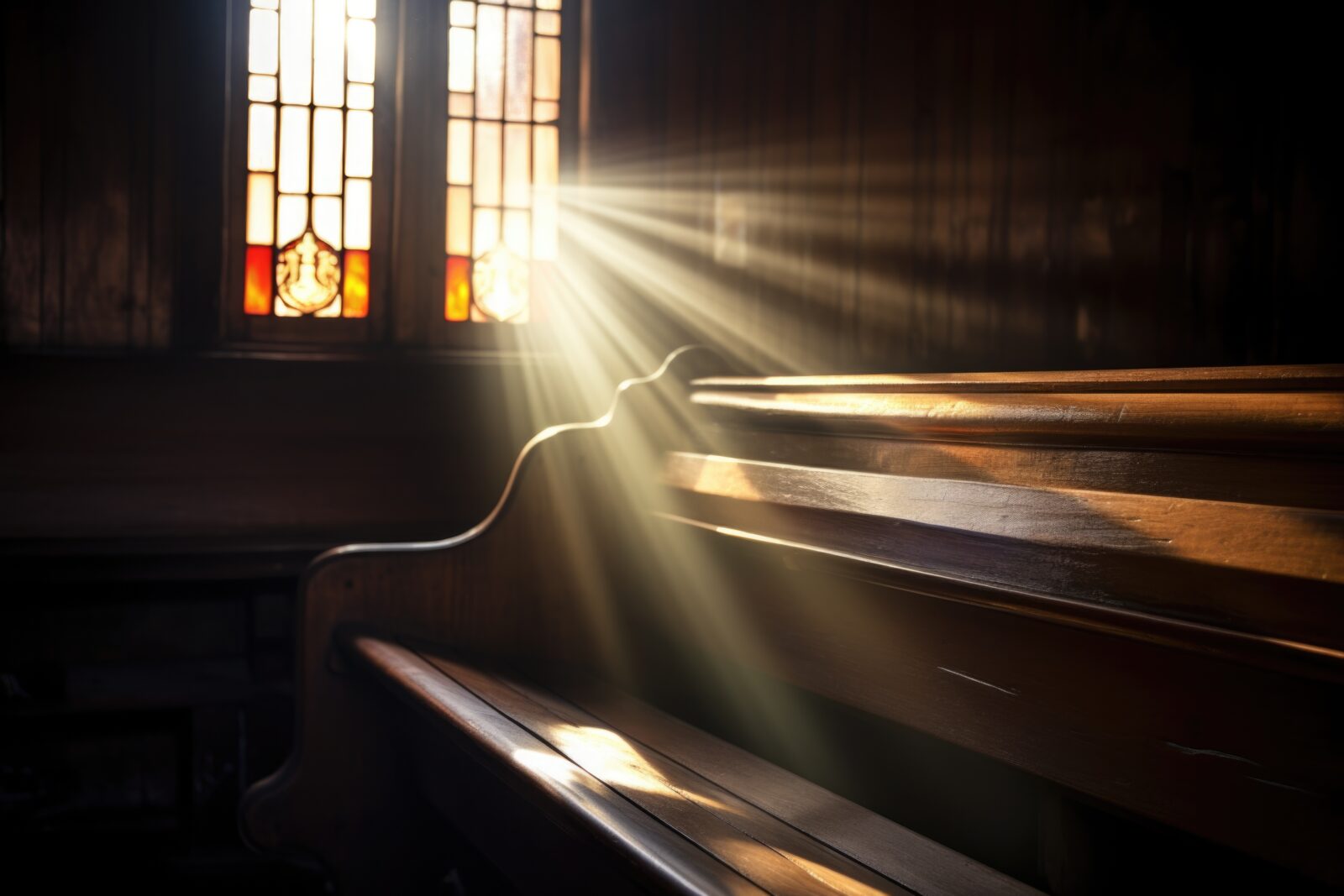 light from a stained glass window shining on a pew