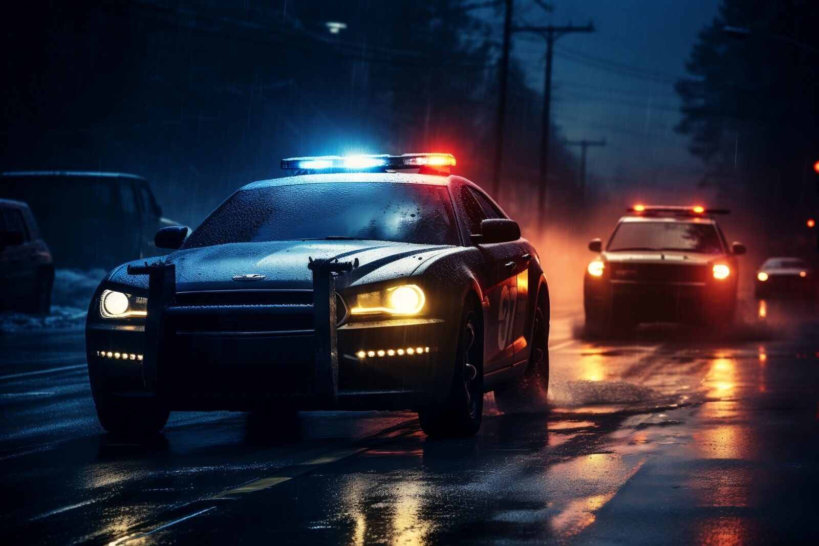 Police Patrol Cars and Flashing Lights. Generative AI