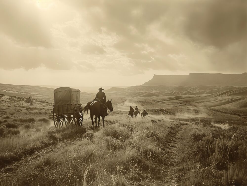 A pioneer family on the frontier, amidst a vast prairie, setting up their homestead, gazes towards a hopeful horizon.