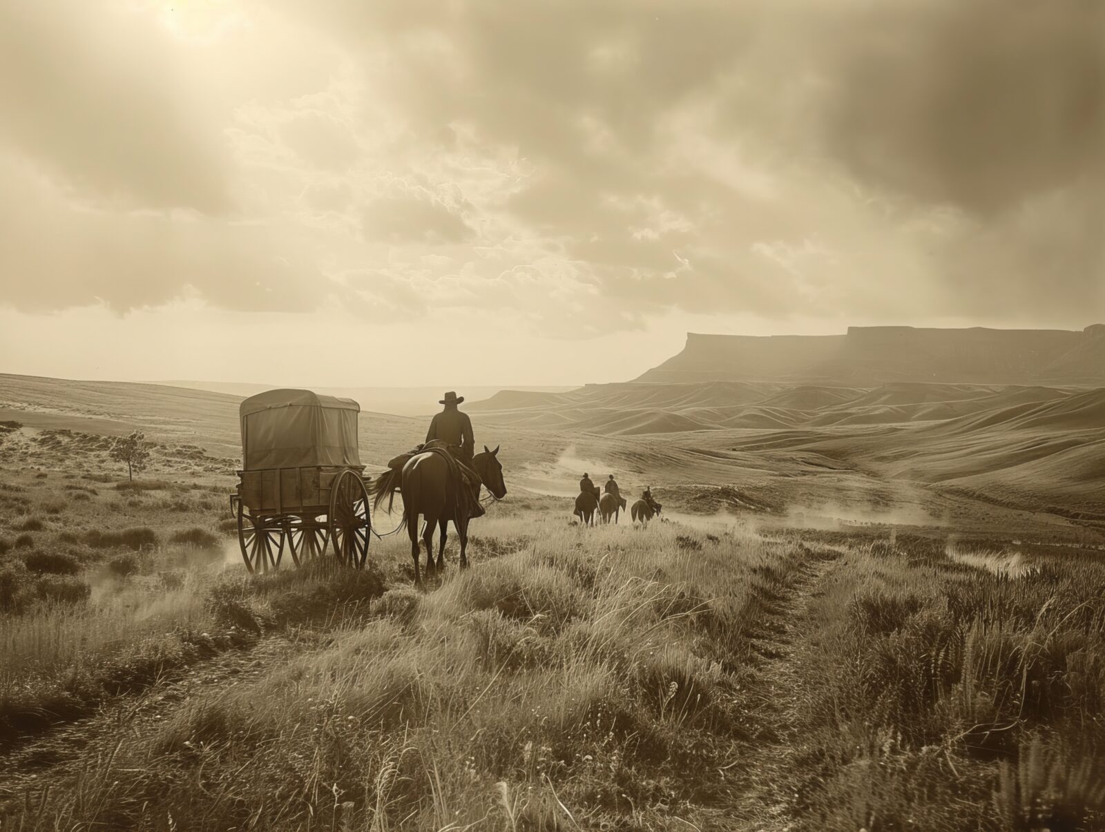 A pioneer family on the frontier, amidst a vast prairie, setting up their homestead, gazes towards a hopeful horizon.