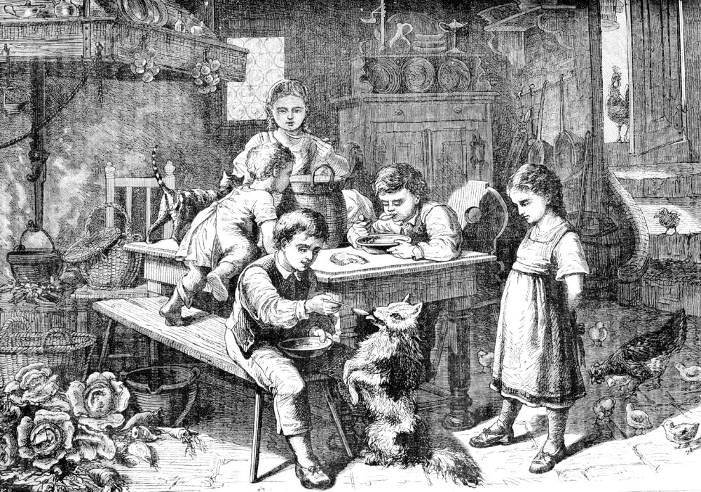 Vintage print of lunch time in farmhouse: boy, girls and children eat together in the kitchen and feed a pet dog