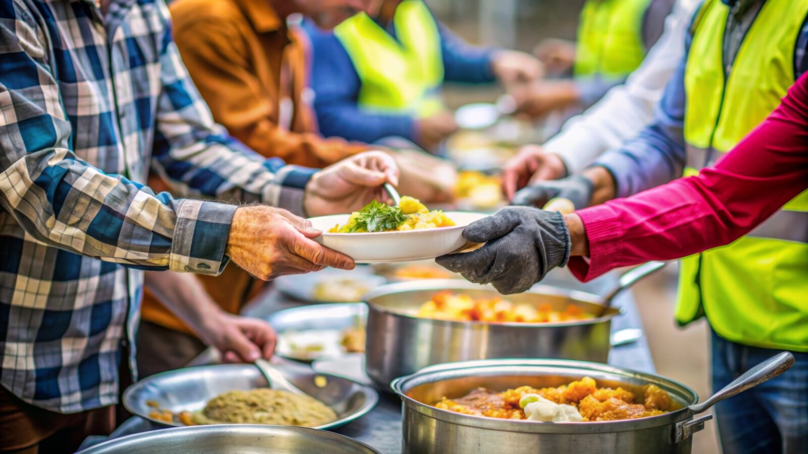 Volunteers close up are serving meal to homeless