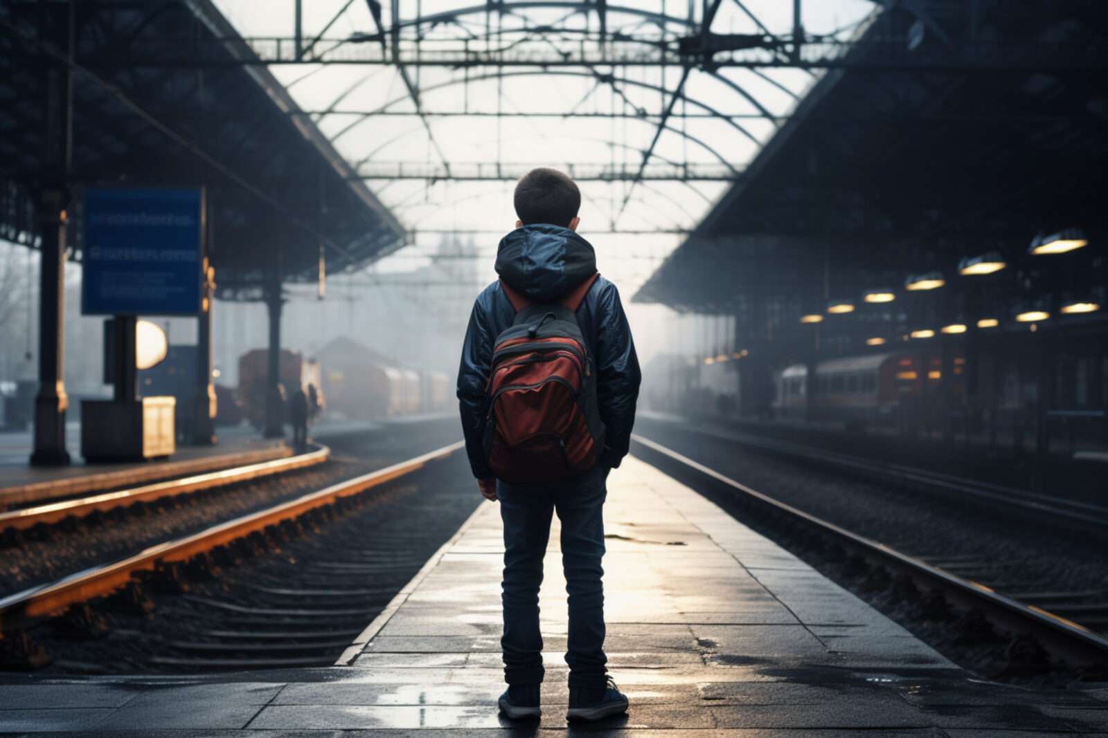 a teenage boy who ran away from home, scared, stands alone on the platform,