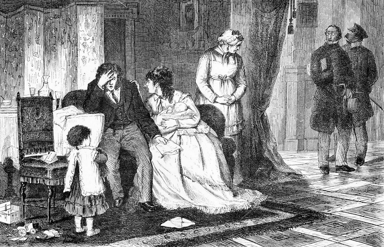 Family disaster, father goes bankrupt, vintage engraving