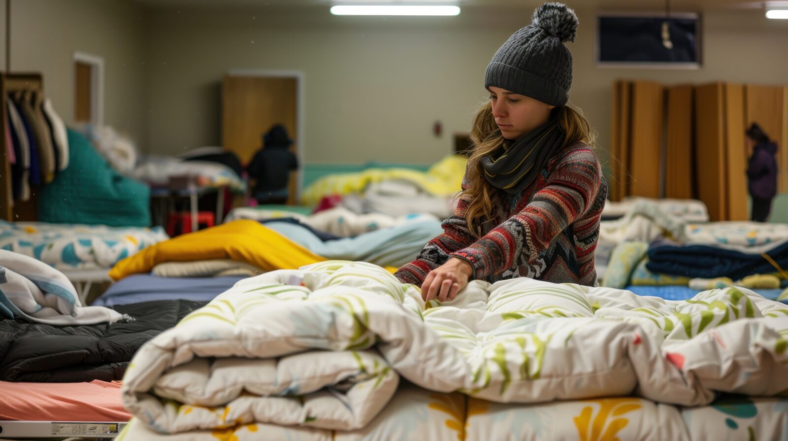 Community Volunteers Prepare Beds in Homeless Shelter for Cold Night