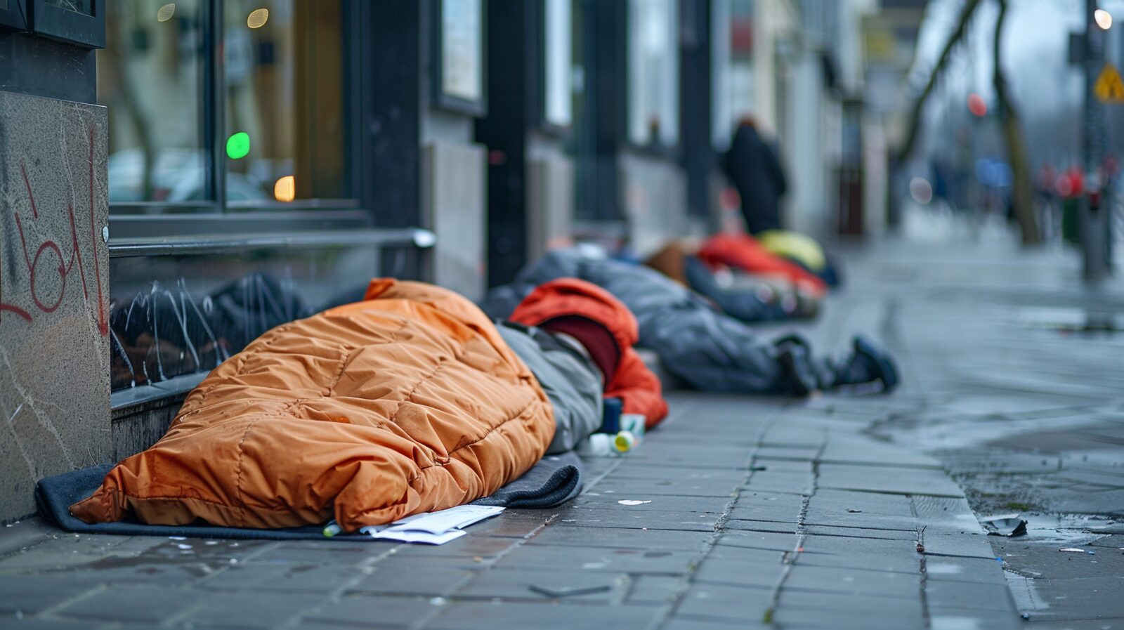 Homeless people sleeping in sleeping bag and cardboard in a street, concept of financial crisis, unemployment, lose job, vulnerable groups.