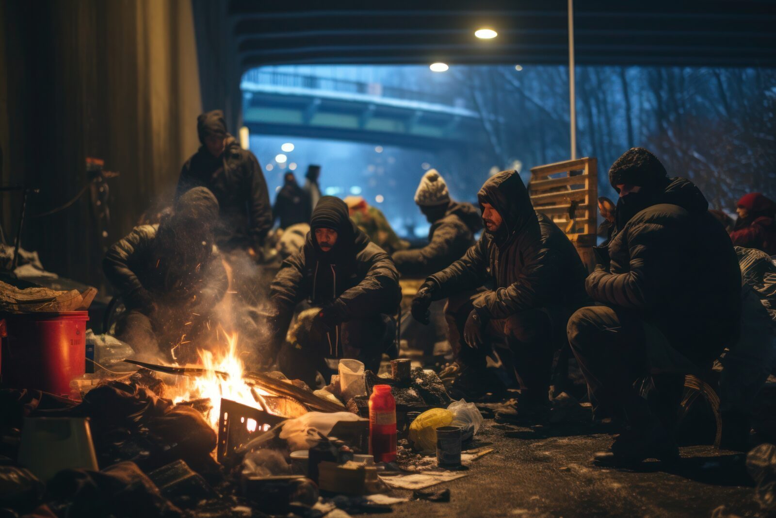 Group of homeless people warming themselves by a fire, winter underpass at night.