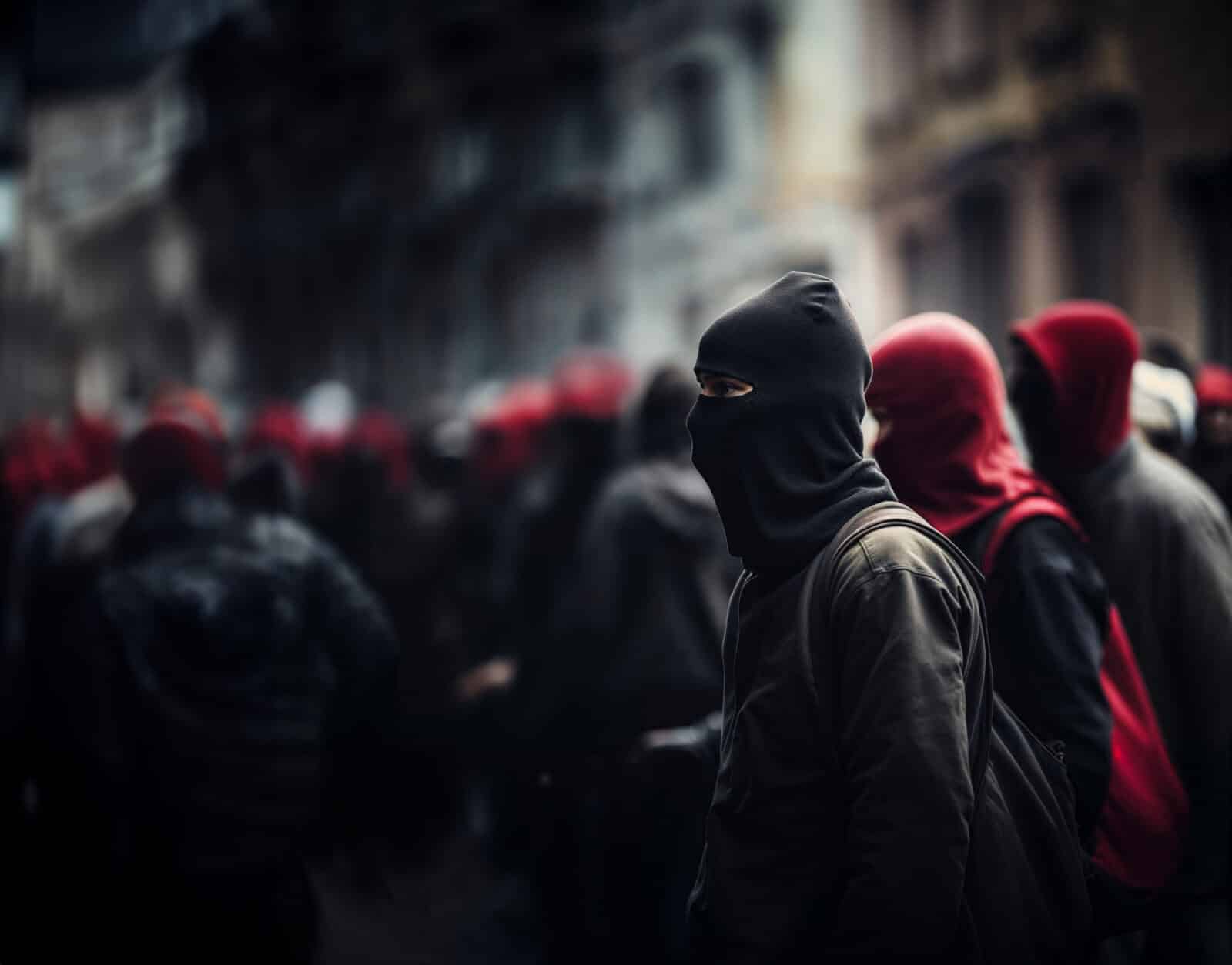Closeup of a masked antifa protestor