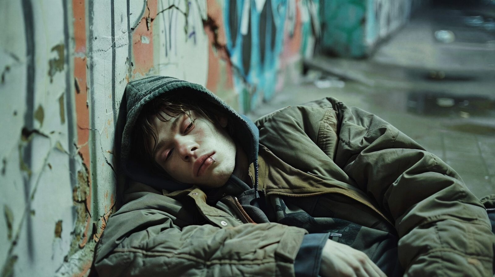 Young man sleeping or passed out against a graffiti-covered wall in an urban setting, wearing a hoodie and oversized jacket, suggesting themes of homelessness, poverty, addiction, or street life