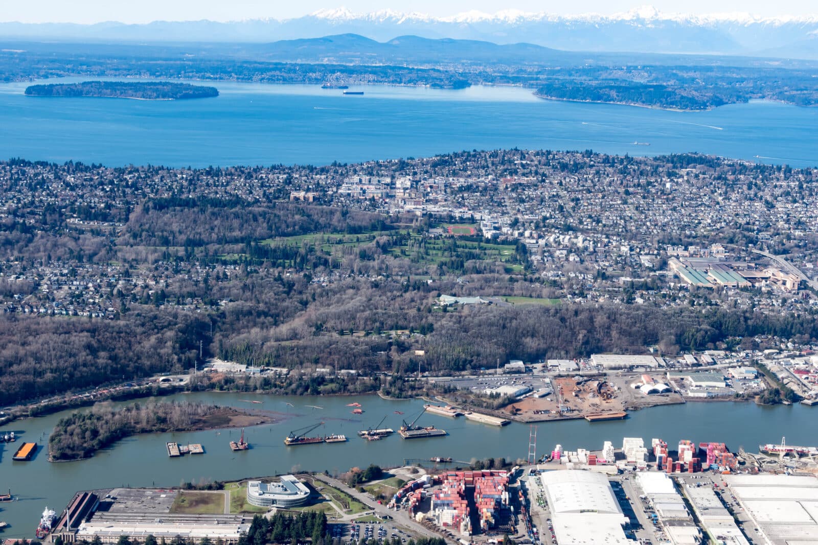 Aerial view of the Mercer Island, Homer Hadley Memorial Bridge and Lacey Murrow bridge Seattle USA